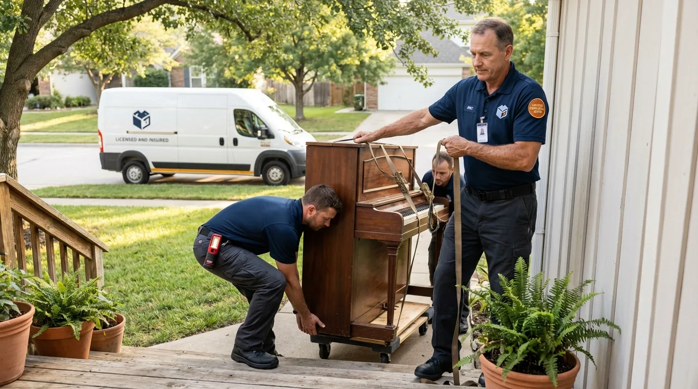 Licensed piano movers securing grand piano in Sanbornville, NH