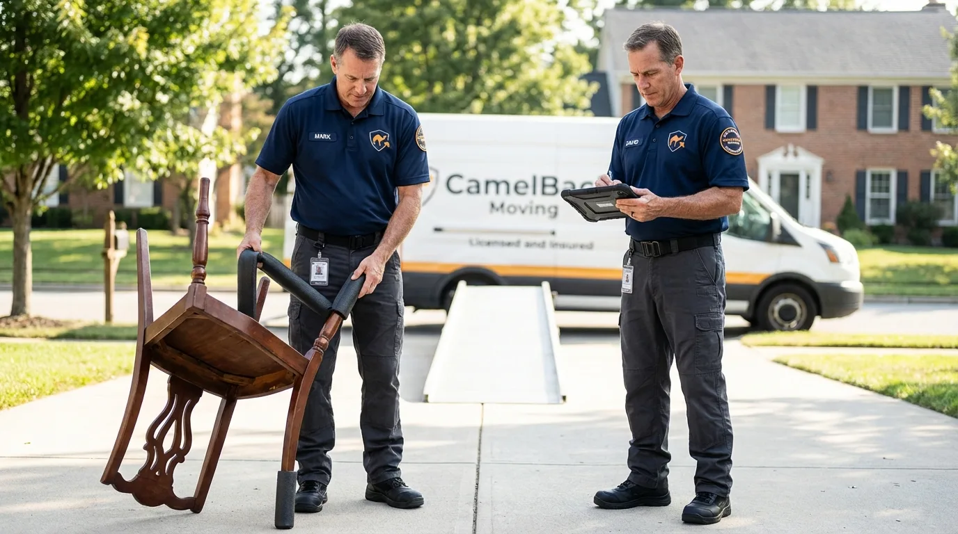 Movers inspecting furniture for damage prevention before loading in Sanbornville, NH