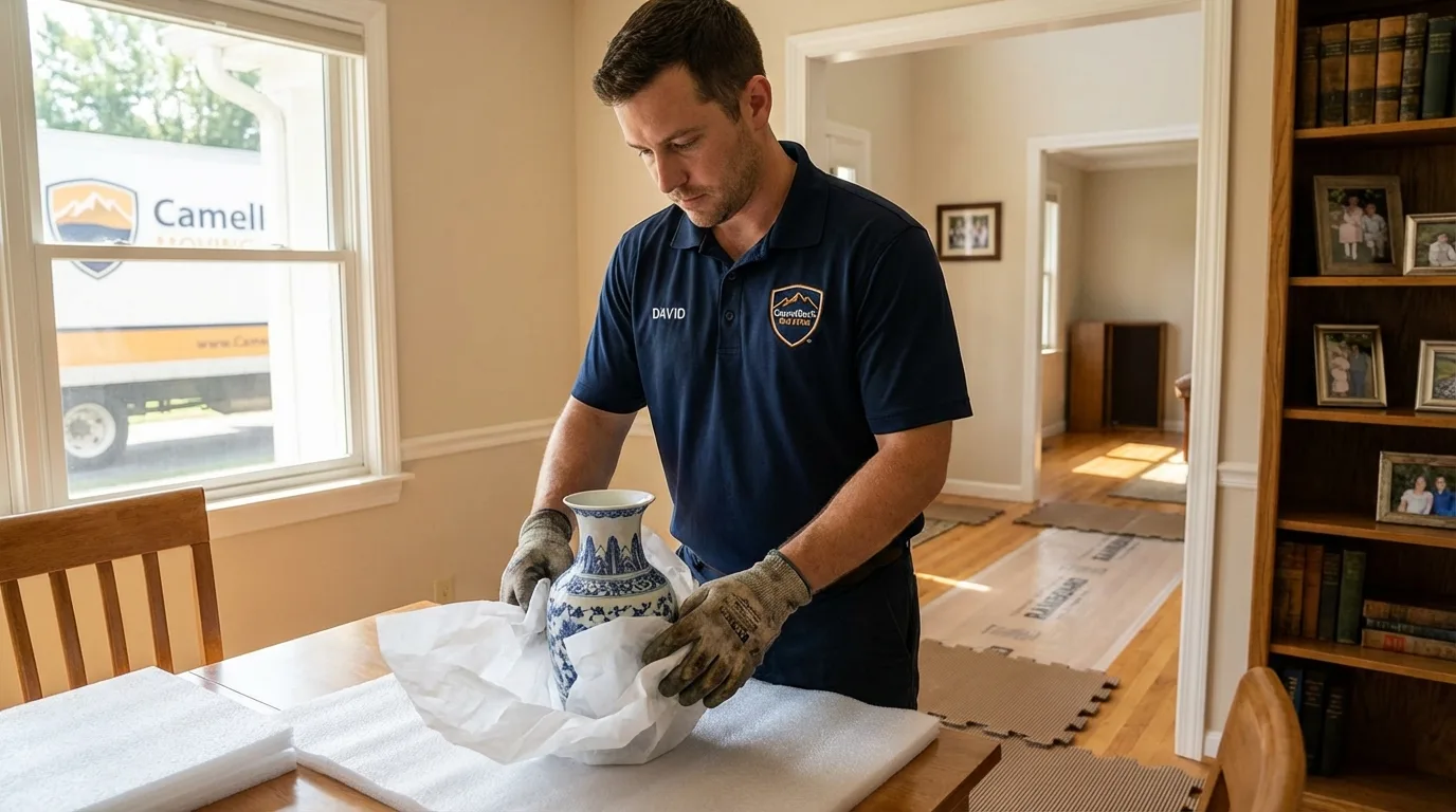 Professional crew carefully wrapping antique vase for senior downsizing move in Sanbornville, NH
